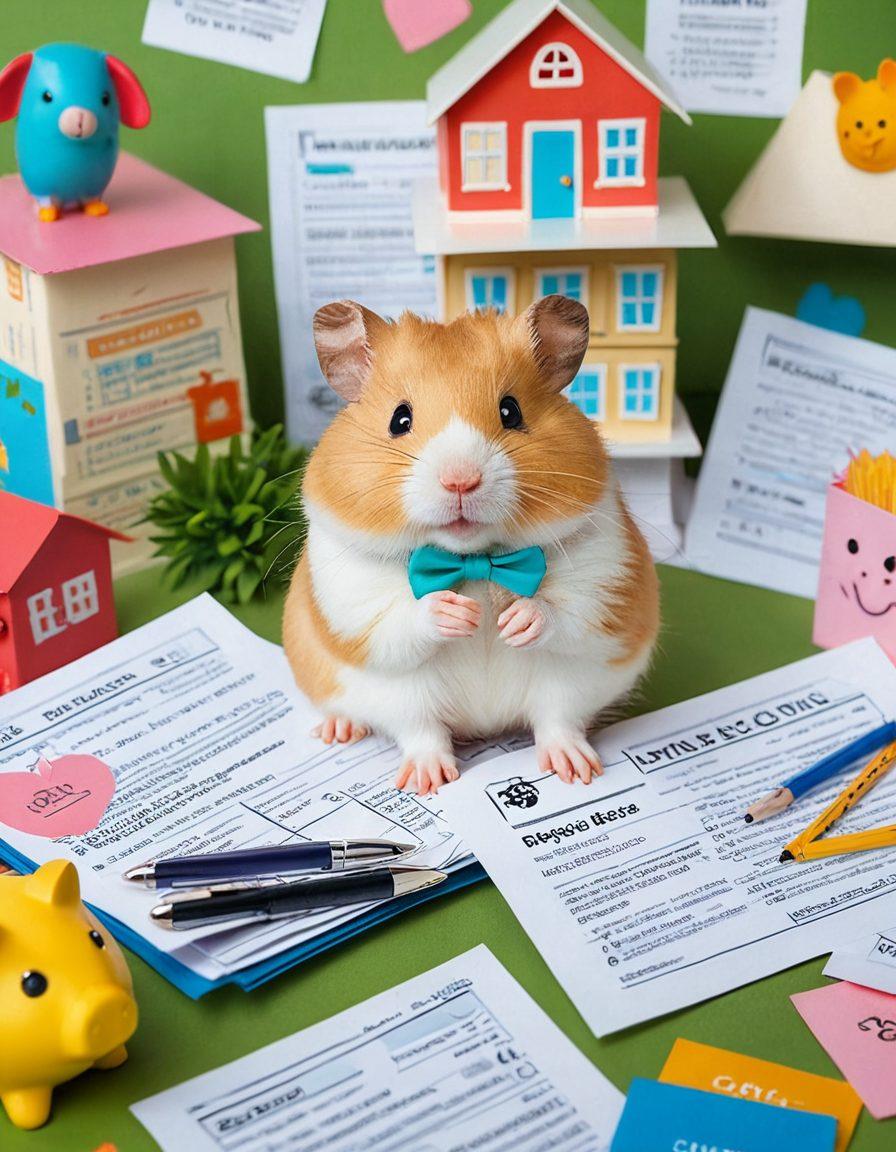 A whimsical illustration of a cheerful hamster lounging on a pile of insurance documents, surrounded by colorful icons representing financial security such as piggy banks and shields. The background features a cozy home environment with plants and toys. The overall tone is playful and inviting, appealing to pet owners. vibrant colors. cartoon-style.