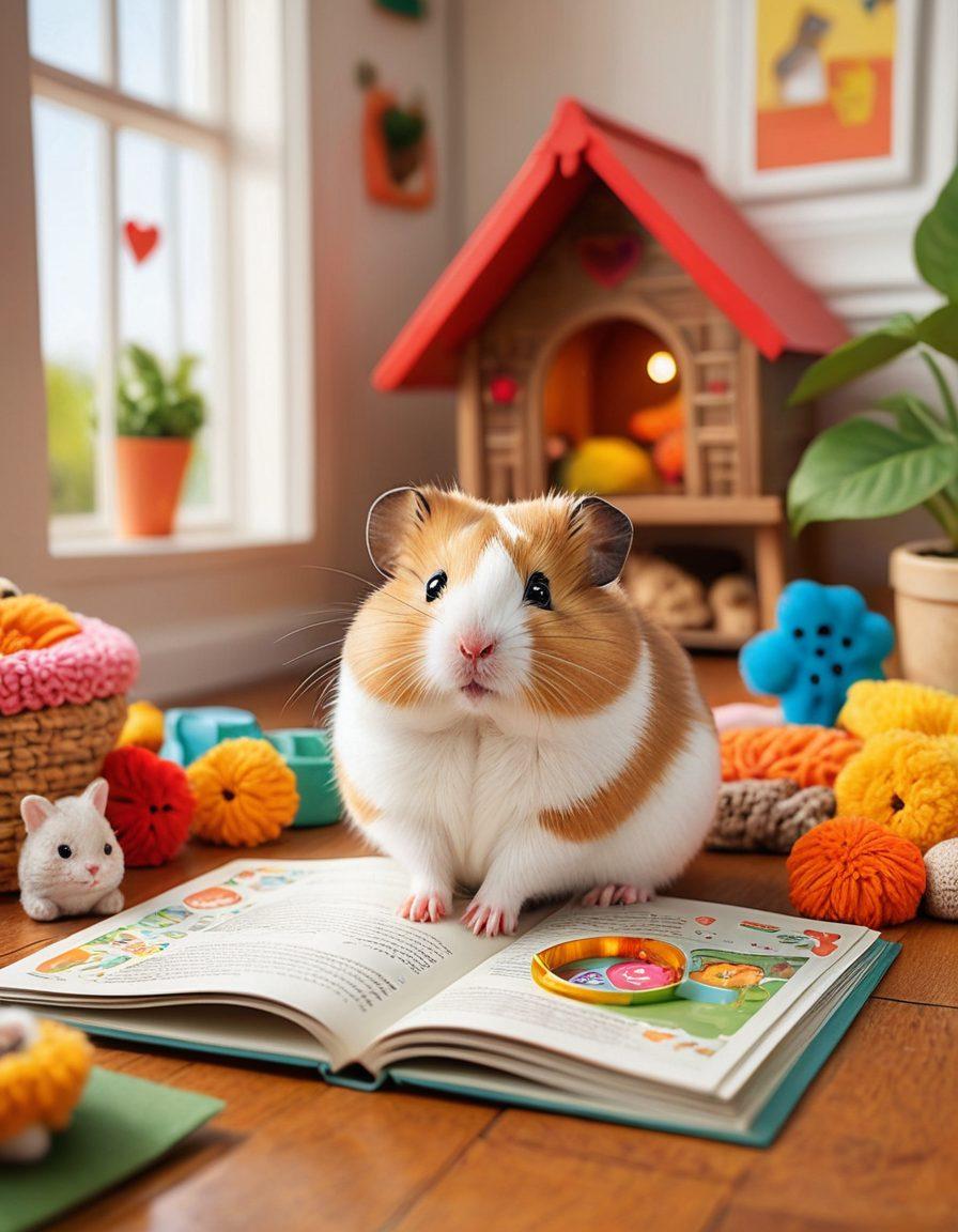 A playful hamster nestled in a cozy, warmly lit pet insurance brochure, surrounded by colorful cartoon-style illustrations of happy pets, paw prints, and playful toys. Incorporate elements like a small house, a stack of pet food, and a heart-shaped symbol to represent care and protection. The backdrop should be a bright, inviting living room setting filled with greenery and pet accessories. cartoon art style. vibrant colors. cozy atmosphere.