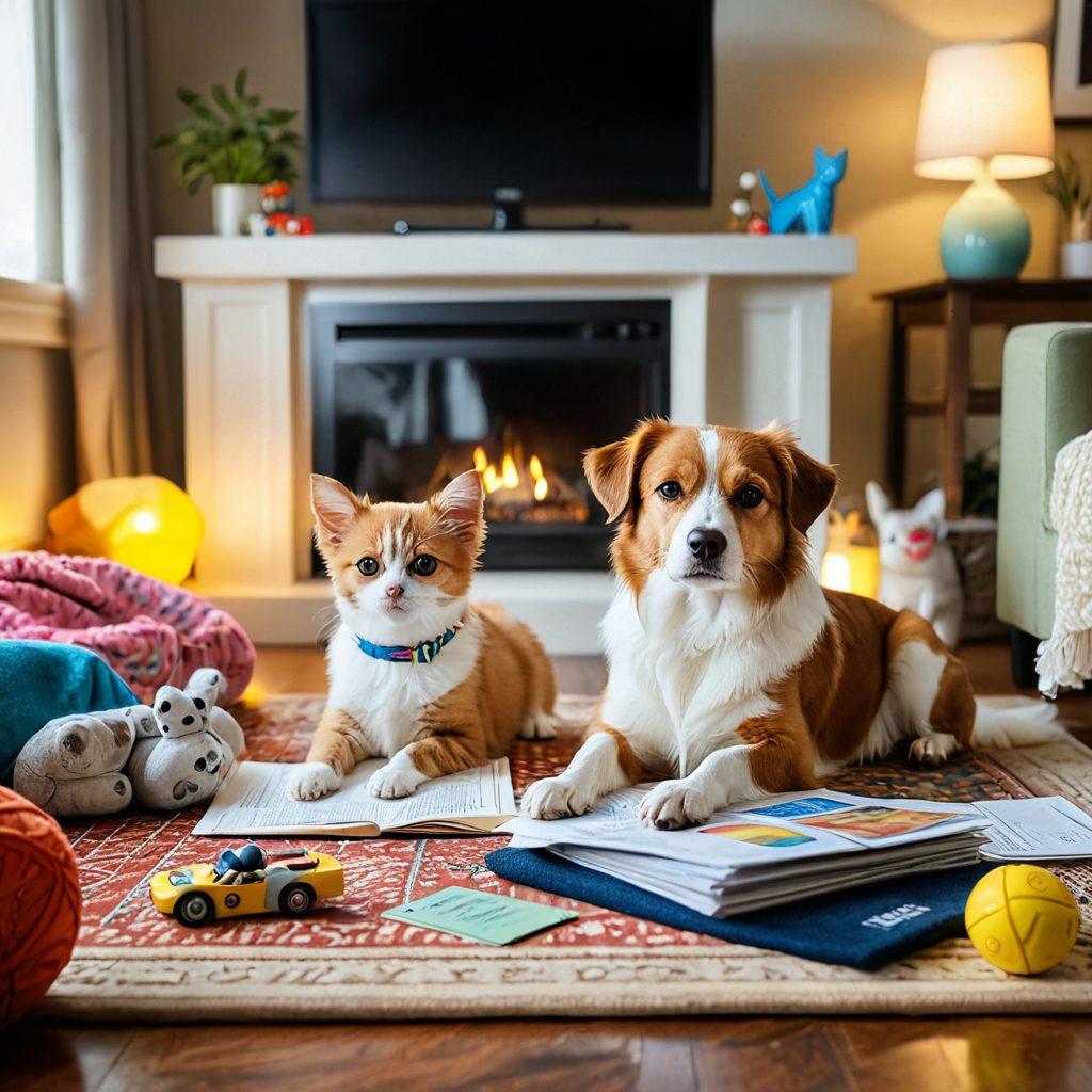 A cozy living room scene with a happy small dog and cat sitting together, surrounded by colorful pet insurance policy documents and playful toys. The background contains elements like a pet first-aid kit and a laptop displaying pet care information. Sunlight streams through a window, creating a warm and inviting atmosphere. The overall vibe should be educational yet heartwarming, highlighting the bond between pets and their owners. super-realistic. vibrant colors. inviting ambiance.